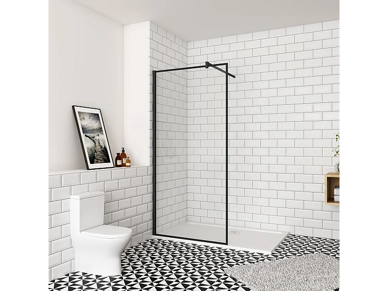 140x200cm inloopdouche-douchecabine,8 mm mat zwart kader en raste gehard glas,eenvoudig te reinigen,antikalk,stabilisatiestang 140cm (snijdbaar),mat zwart profiel