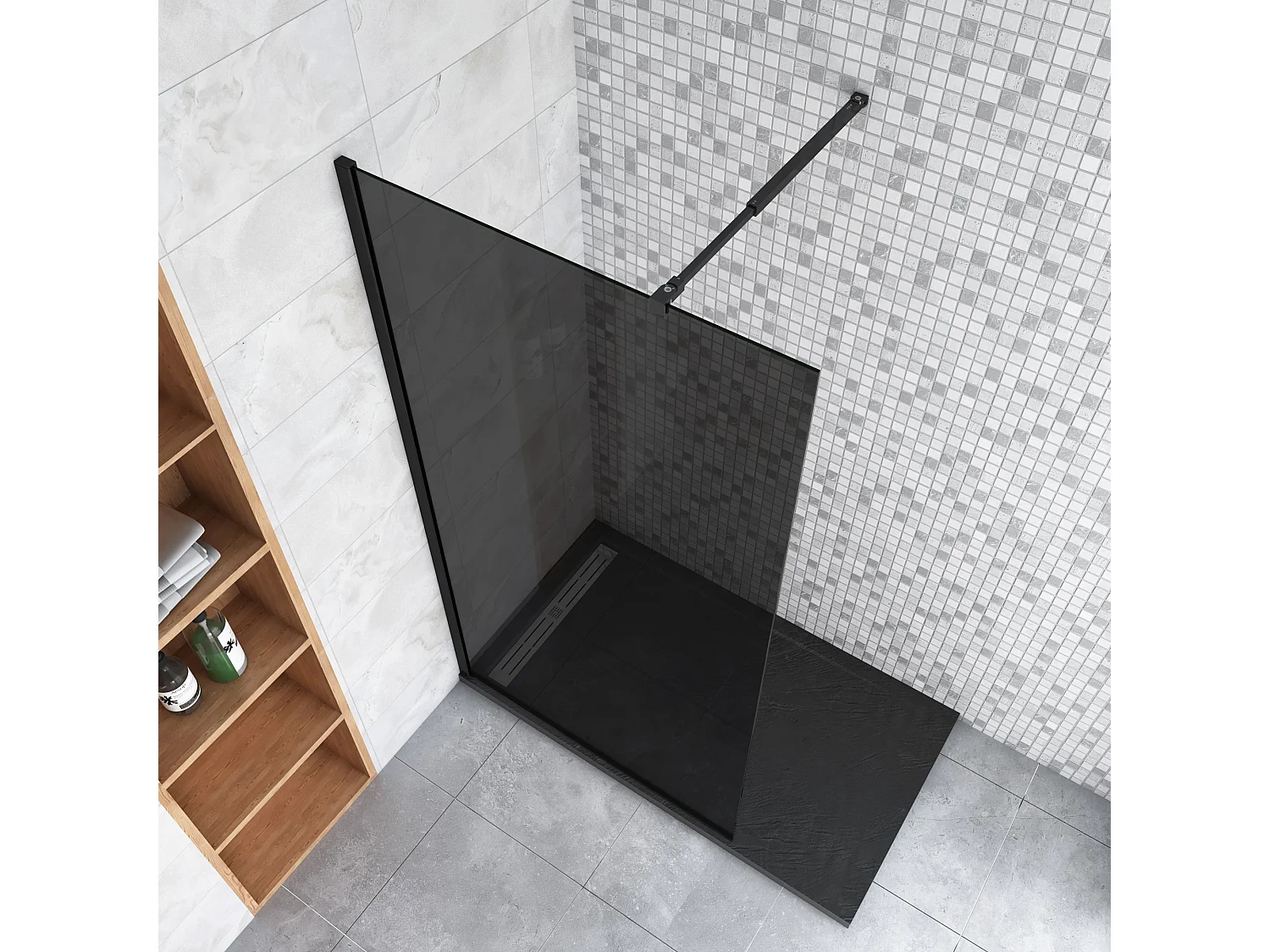 Inloopdouche met zwarte beschermfolie,80x200cm hoog,8mm EasyClean veiligheidsglas,Stabilisatiestang 73-120cm,mat zwart aluminium profiel.