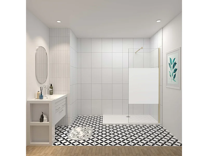 Inloopdouche-douchewand-walk in 100x200 cm,8mm midden wit gematteerd gehard glas met explosieveilige folie+70-120cm Stabilisatiestang,gouden profiel
