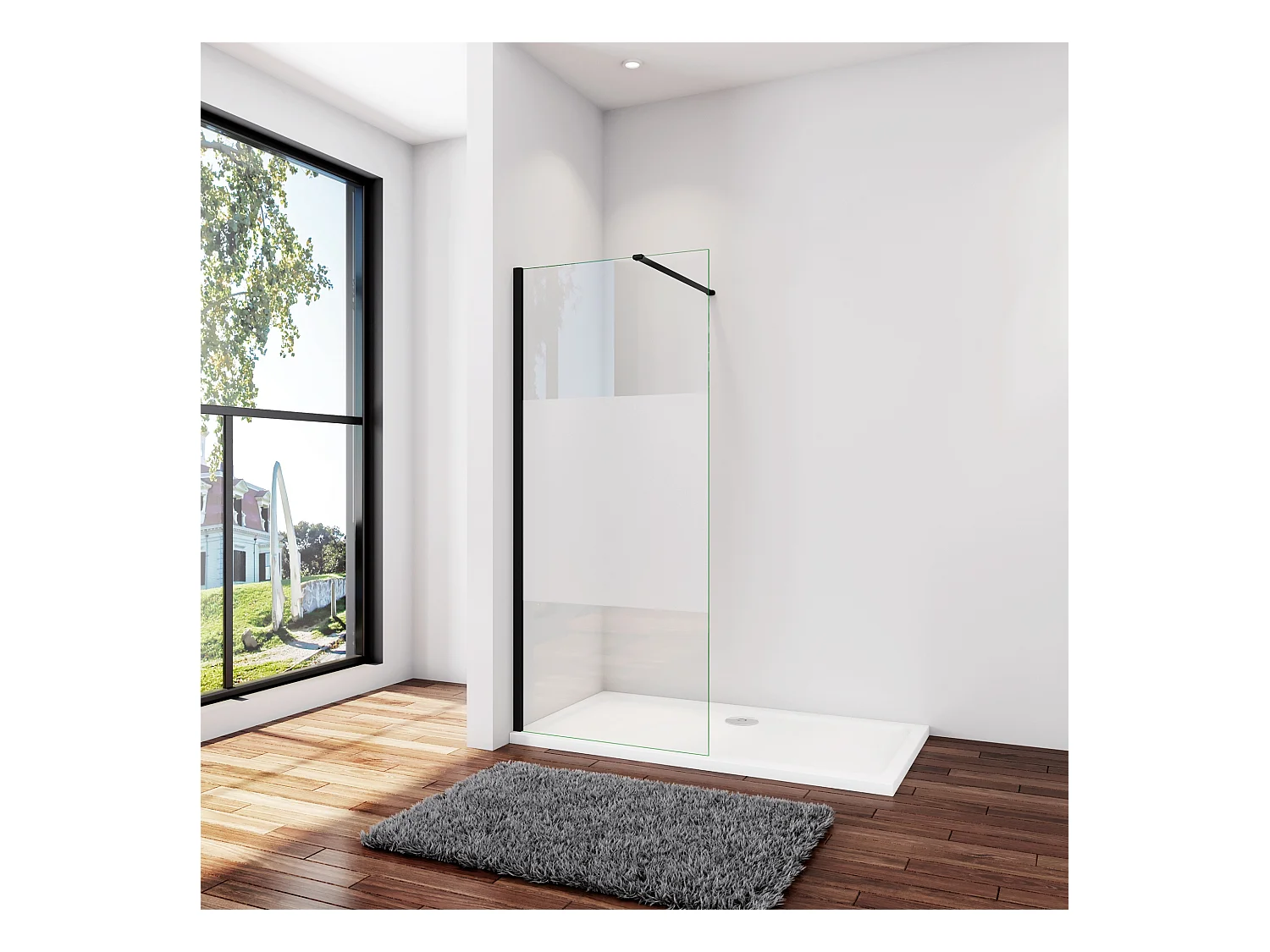 Inloopdouche-douchewand-walk in 100x200 cm,8mm midden wit gematteerd gehard glas met explosieveilige folie+N-vorm: 140 Stabilisatiestang,mat zwart aluminium profiel