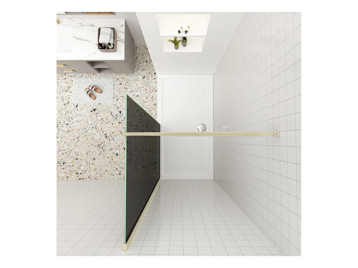 Inloopdouche goud beschermfolie,80x200cm hoog,8mm EasyClean veiligheidsglas,Stabilisatiestang 70-120cm,gouden profiel.