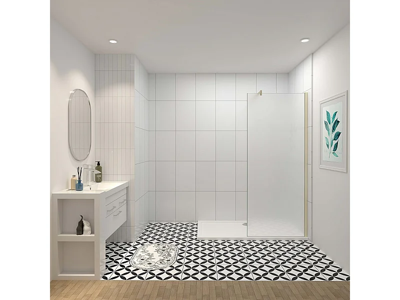 140x200cm Douchewand inloopdouche,10mm dik mat gehard glas met explosieveilige folie,stabilisatiestang 90cm (snijdbaar),gouden profiel.