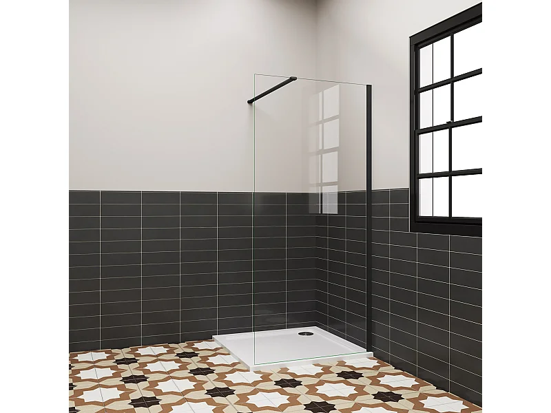 Douchewand Inloopdouche 76x195cm,6 mm helder EasyClean veiligheidsglas,mat zwart aluminium frame,stabilisatorstang 90 cm