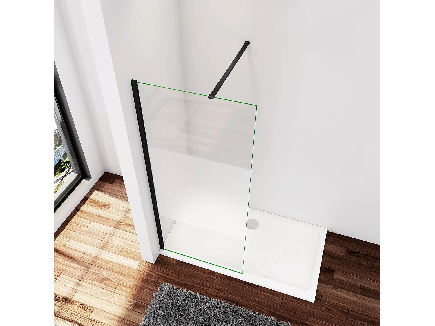 Inloopdouche-douchewand-walk in 85x200 cm,8mm midden wit gematteerd gehard glas met explosieveilige folie+N-vorm: 90 Stabilisatiestang,mat zwart aluminium profiel.