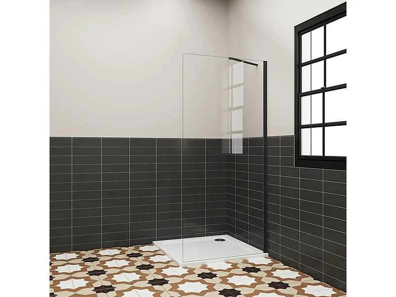 Douchewand Inloopdouche 86x195cm,6 mm helder EasyClean veiligheidsglas,mat zwart aluminium frame,stabilisatorstang 50 cm