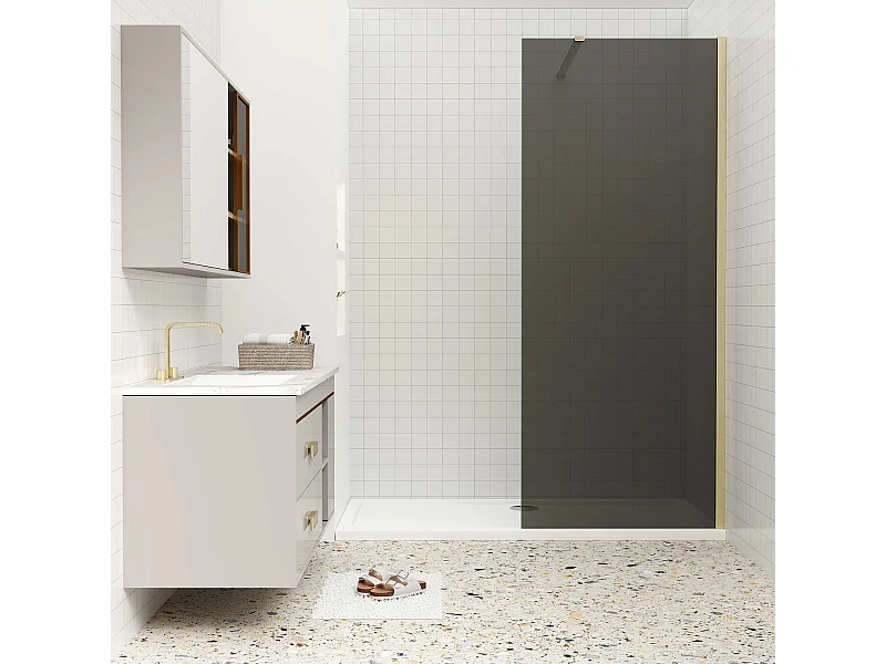 Inloopdouche goud beschermfolie,140x200cm hoog,8mm EasyClean veiligheidsglas,Stabilisatiestang Norm:140cm,gouden profiel.