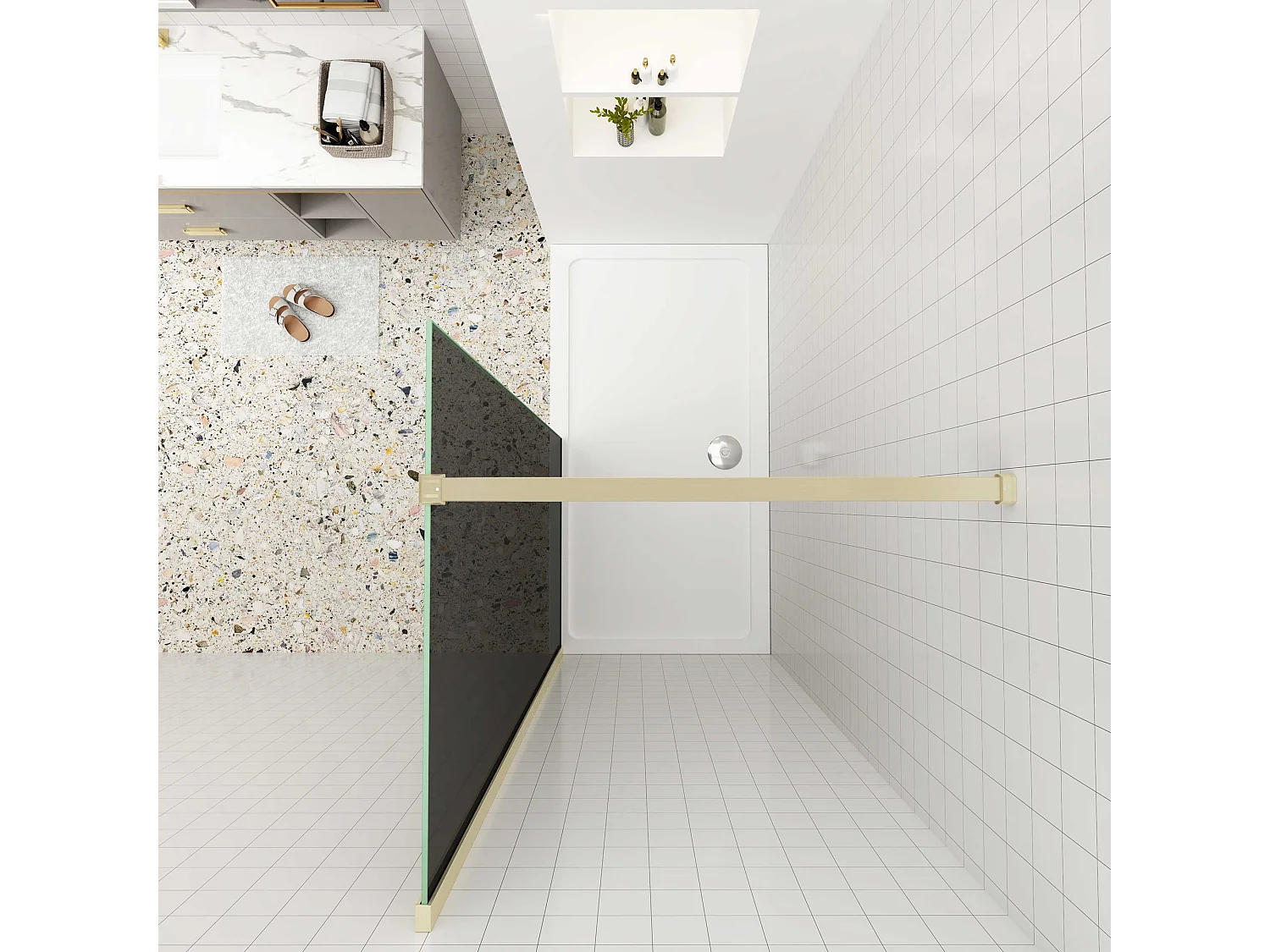 Inloopdouche goud beschermfolie,140x200cm hoog,8mm EasyClean veiligheidsglas,Stabilisatiestang Norm:140cm,gouden profiel.