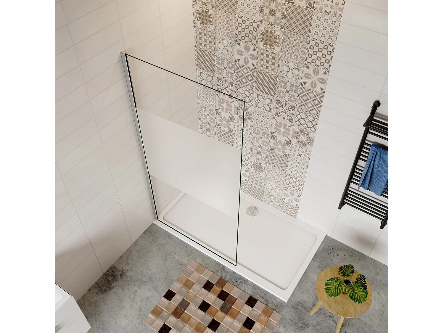Inloopdouche-douchewand-walk in 85x200 cm,8mm midden wit gematteerd gehard glas met explosieveilige folie,glanzend chroom profiel