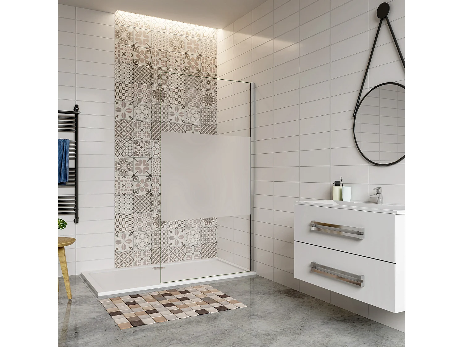 Inloopdouche-douchewand-walk in 85x200 cm,8mm midden wit gematteerd gehard glas met explosieveilige folie,glanzend chroom profiel