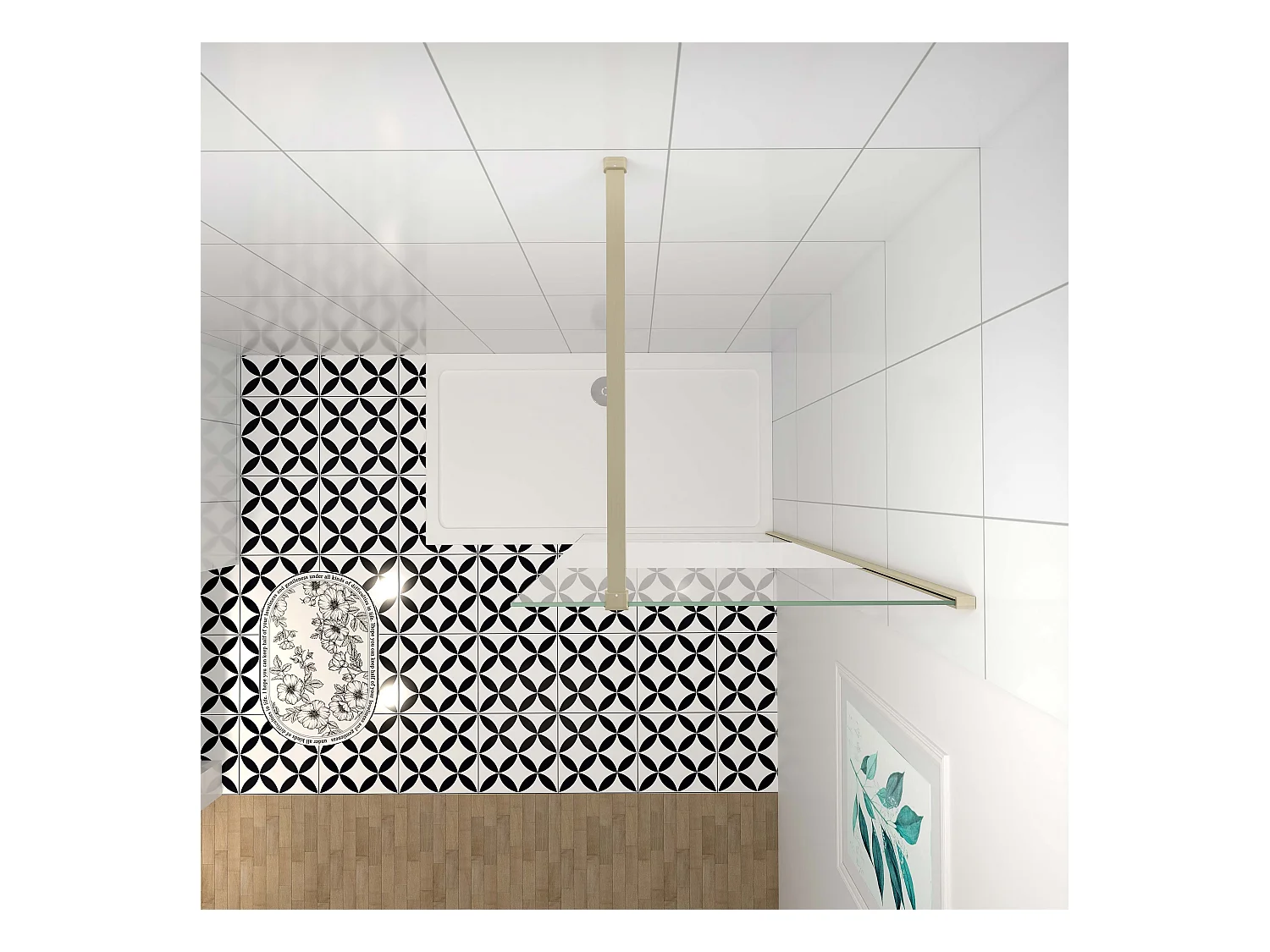 Inloopdouche-douchewand-walk in 140x200 cm,10mm midden wit gematteerd gehard glas met explosieveilige folie+N-vorm: 90 Stabilisatiestang,gouden profiel