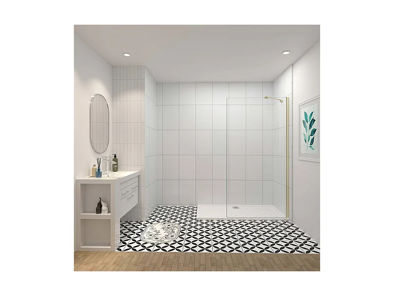 Inloopdouche-douchewand-walk in 10mm NANO EasyClean veiligheidsglas，50x200cm+50cm Stabilisatiestang,gouden profiel