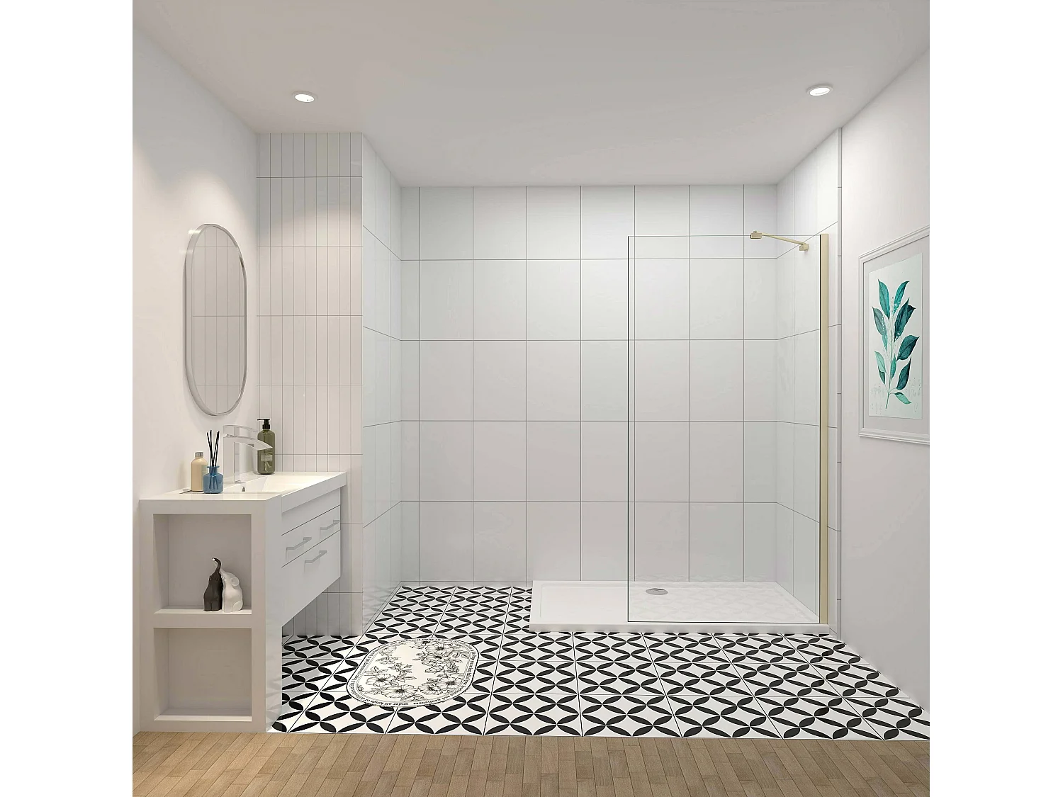 Inloopdouche-douchewand-walk in 10mm NANO EasyClean veiligheidsglas，50x200cm+50cm Stabilisatiestang,gouden profiel