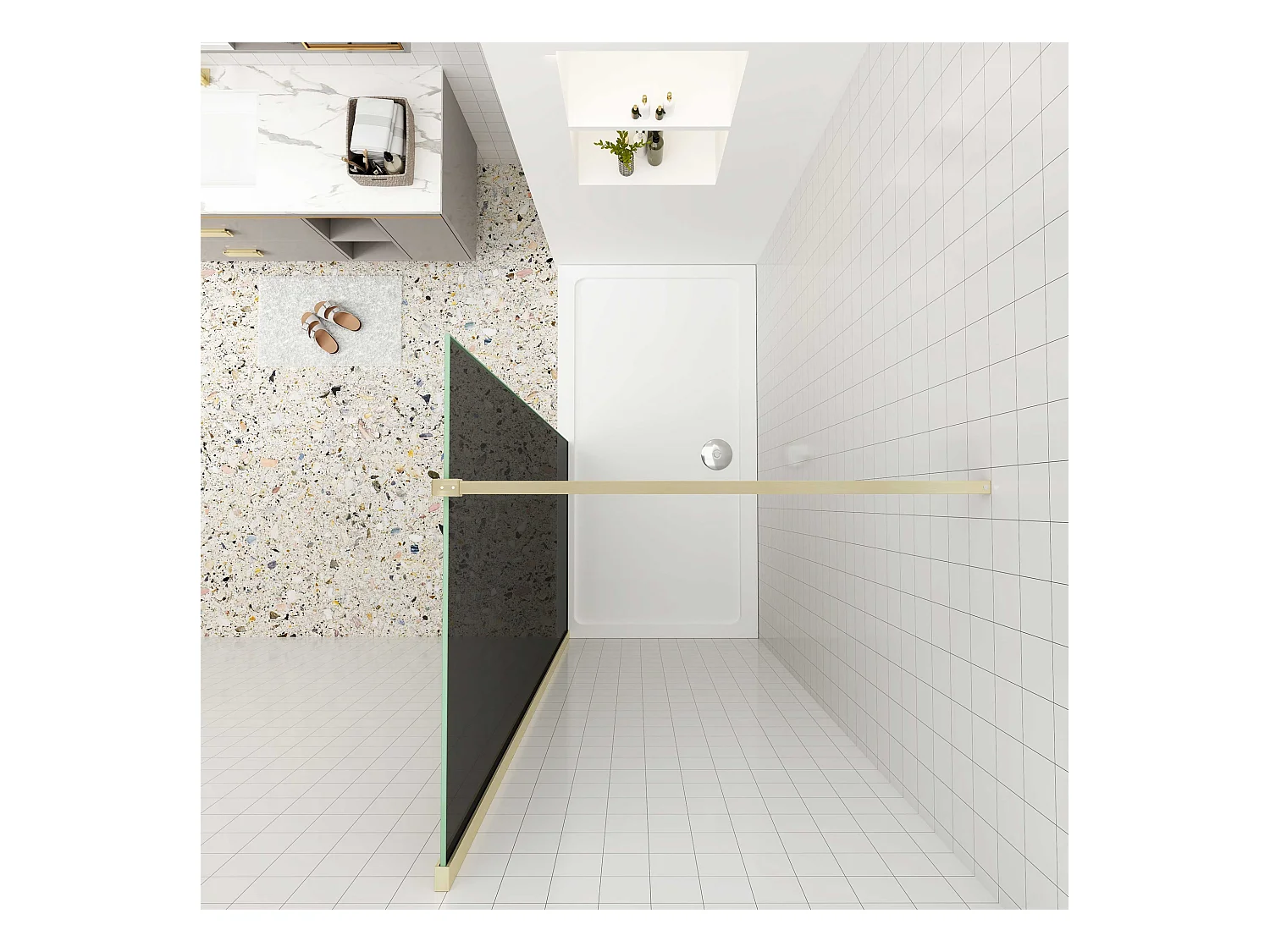 Inloopdouche goud beschermfolie,90x200cm hoog,8mm EasyClean veiligheidsglas,Stabilisatiestang Form:90cm,gouden profiel.