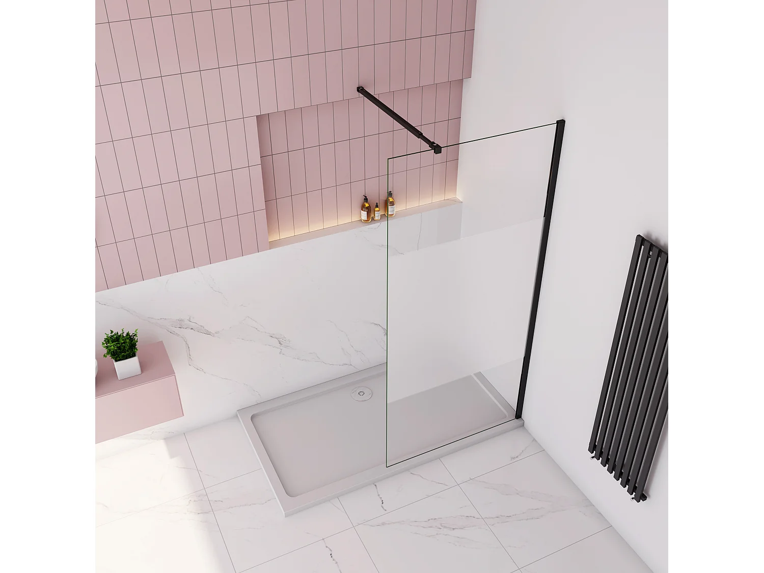 Inloopdouche-douchewand-walk in 120x200 cm,8mm midden wit gematteerd gehard glas met explosieveilige folie+73-120cm Stabilisatiestang,mat zwart aluminium profiel.