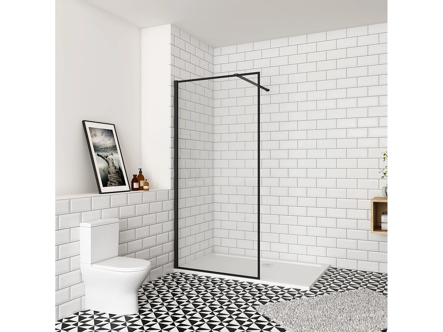 140x200cm inloopdouche-douchecabine,8mm zwart raster gehard gezeefdrukt glas,easyclean,antikalk,stabilisatiestang 90cm (kan worden gesneden),mat zwart profiel