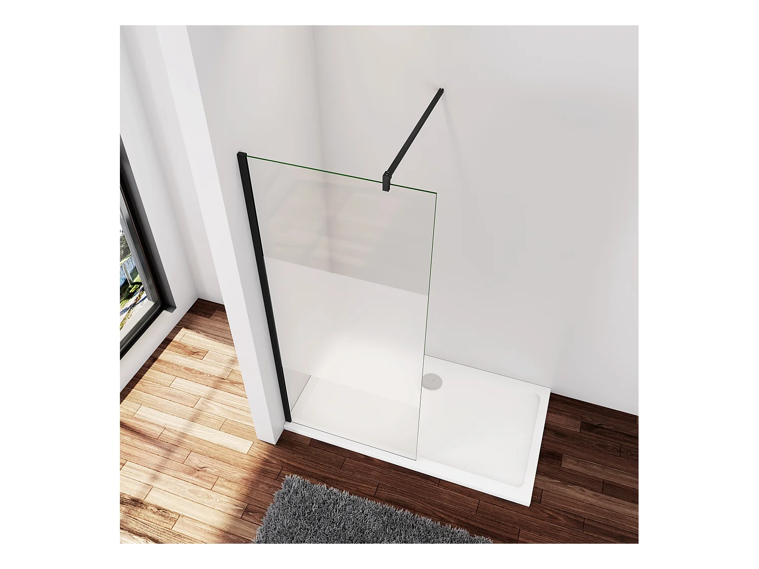 Inloopdouche-douchewand-walk in 90x200 cm,8mm midden wit gematteerd gehard glas met explosieveilige folie+F-vorm: 140 Stabilisatiestang,mat zwart aluminium profiel.