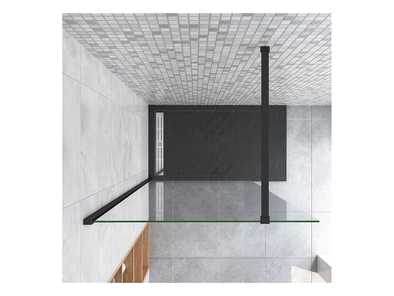 Inloopdouche met zwarte beschermfolie,140x200cm hoog,8mm EasyClean veiligheidsglas,Stabilisatiestang Norm:90cm,mat zwart aluminium profiel.