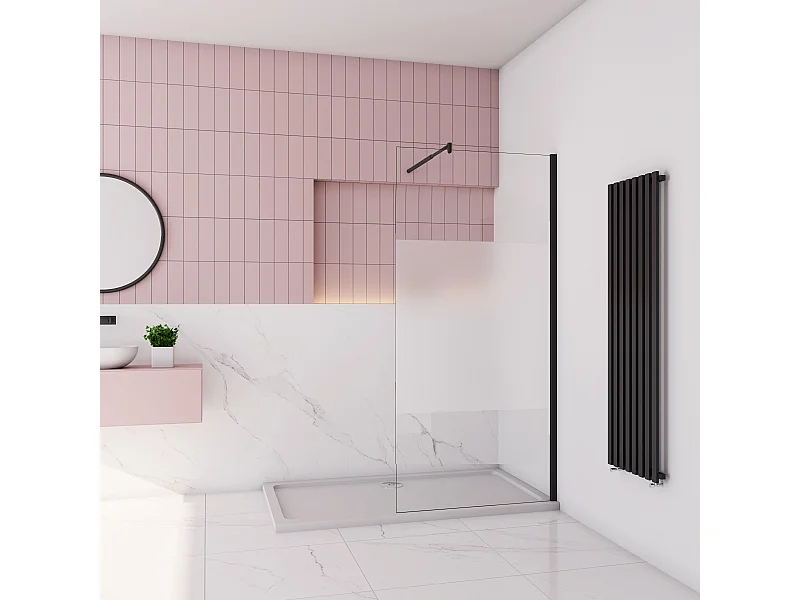 Inloopdouche-douchewand-walk in 70x200 cm,8mm midden wit gematteerd gehard glas met explosieveilige folie+70-120cm Stabilisatiestang,mat zwart aluminium profiel.
