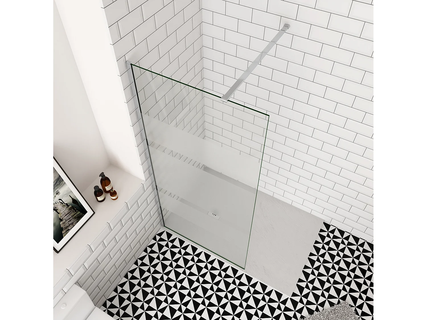 Inloopdouche-douchewand-walk in 6mm NANO EasyClean veiligheidsglas，100x190cm+N-Form:140cm Stabilisatiestang,glanzend chroom profiel