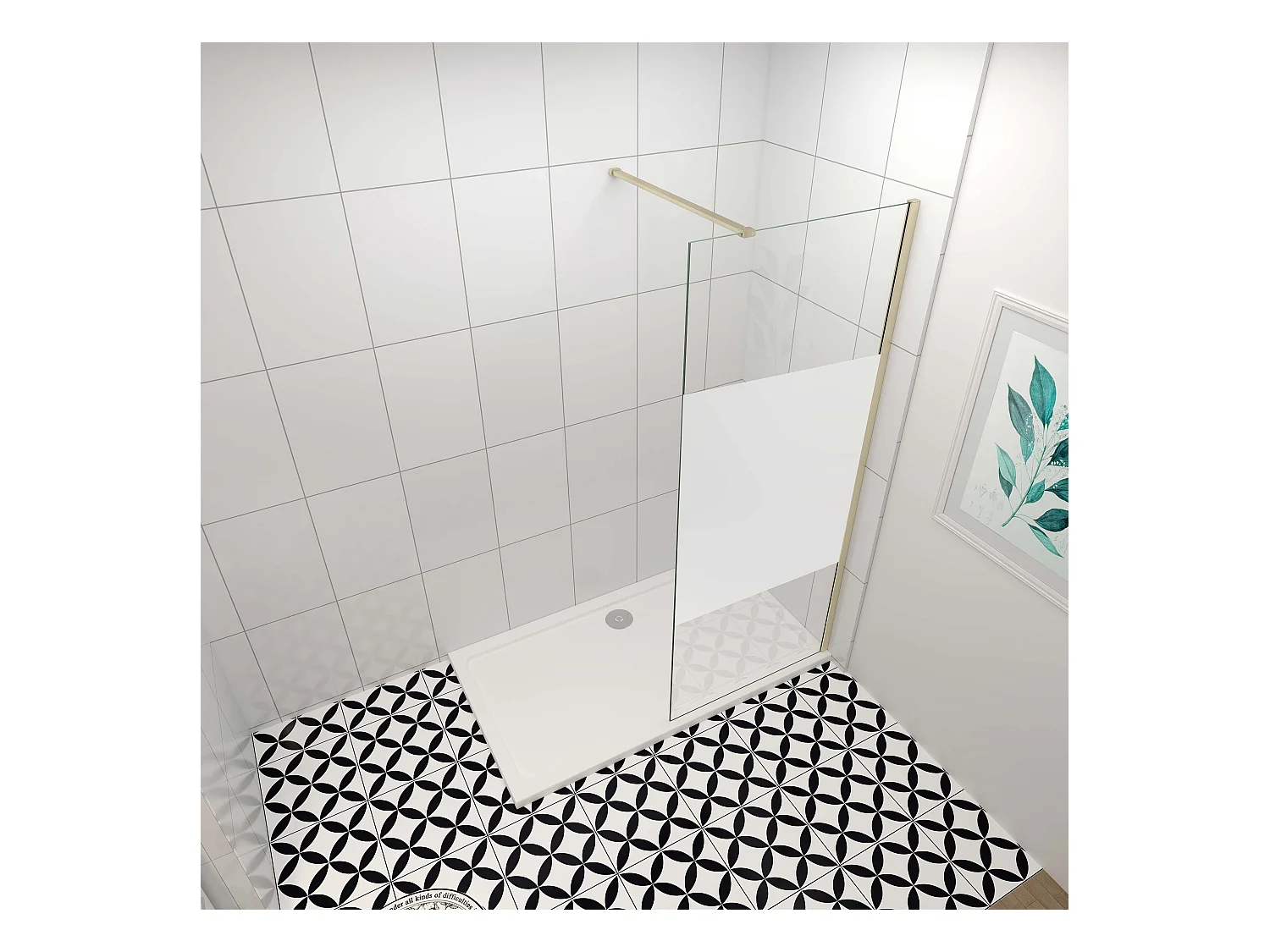 Inloopdouche-douchewand-walk in 80x200 cm,8mm midden wit gematteerd gehard glas met explosieveilige folie+N-vorm: 140 Stabilisatiestang,gouden profiel