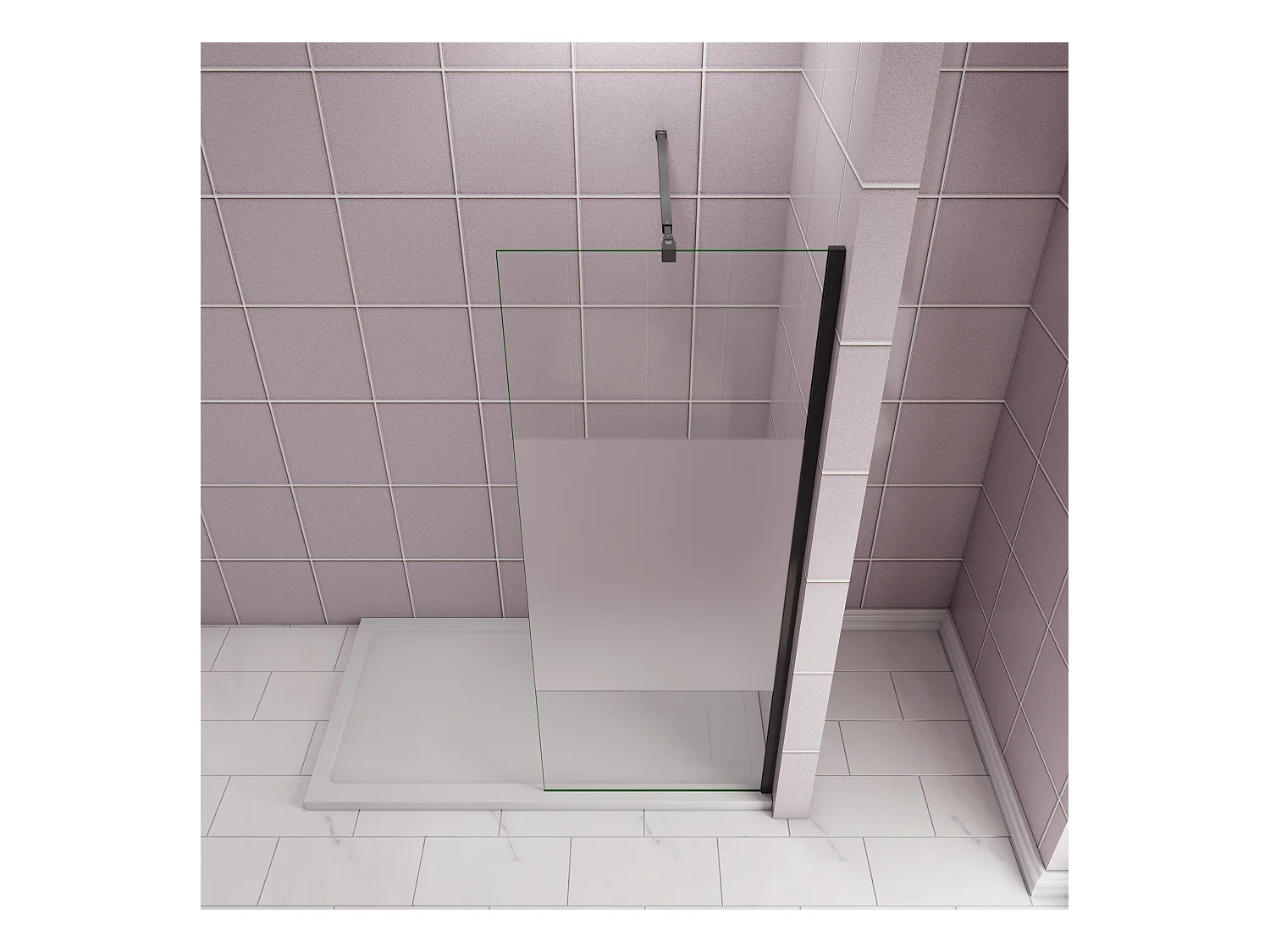 Inloopdouche-douchewand-walk in 90x200 cm,10mm midden wit gematteerd gehard glas met explosieveilige folie+73-120cm Stabilisatiestang,mat zwart aluminium profiel.