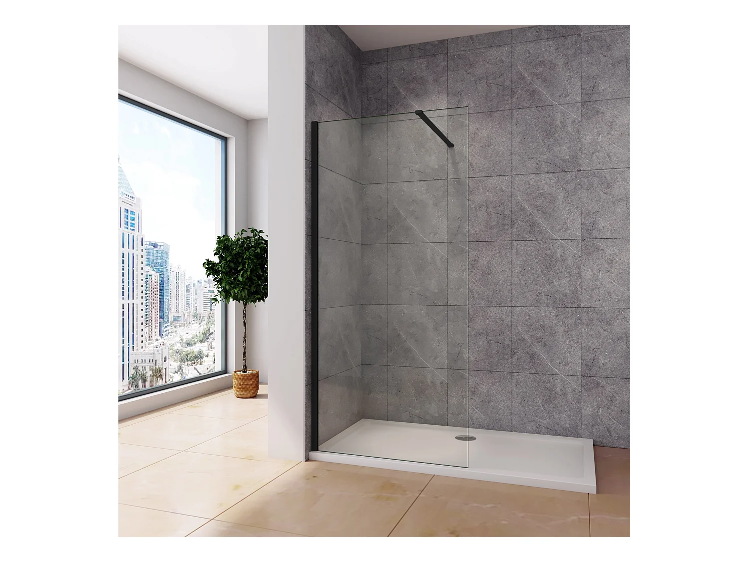 Inloopdouche-douchewand-walk in 10mm NANO EasyClean veiligheidsglas，40x200cm+N-vorm: 140 Stabilisatiestang,mat zwart aluminium profiel.