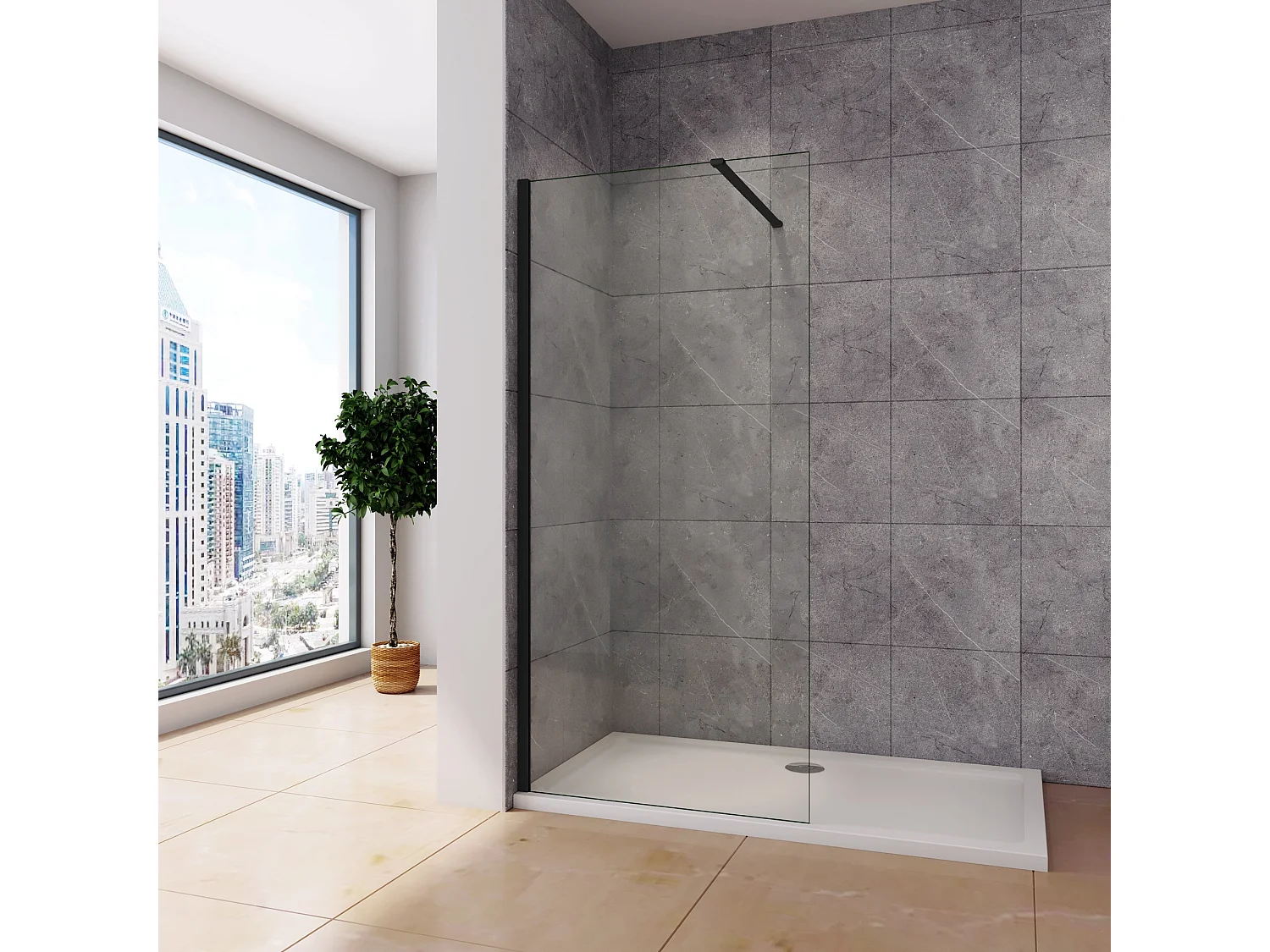 Inloopdouche-douchewand-walk in 10mm NANO EasyClean veiligheidsglas，40x200cm+N-vorm: 140 Stabilisatiestang,mat zwart aluminium profiel.