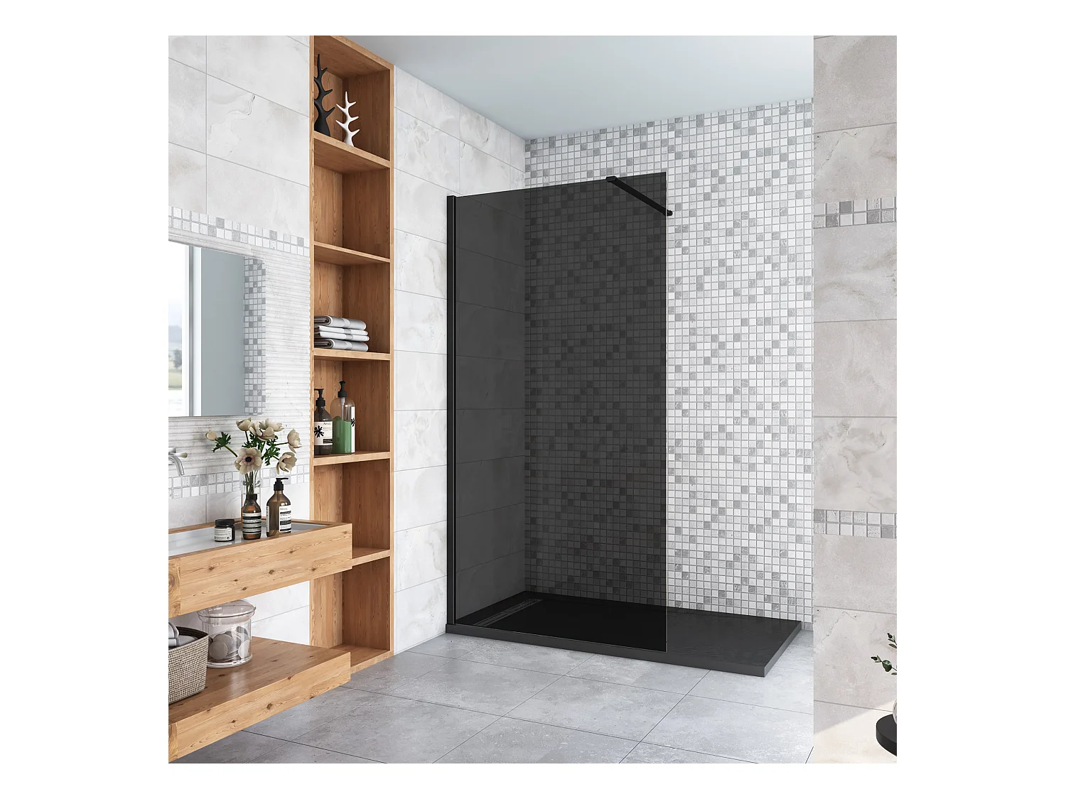 Inloopdouche met zwarte beschermfolie,90x200cm hoog,8mm EasyClean veiligheidsglas,Stabilisatiestang Norm:90cm,mat zwart aluminium profiel.