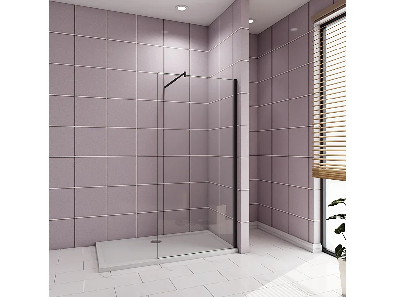 Inloopdouche-douchewand-walk in 8mm NANO EasyClean veiligheidsglas，85x200cm+70-120cm Stabilisatiestang,mat zwart aluminium profiel.