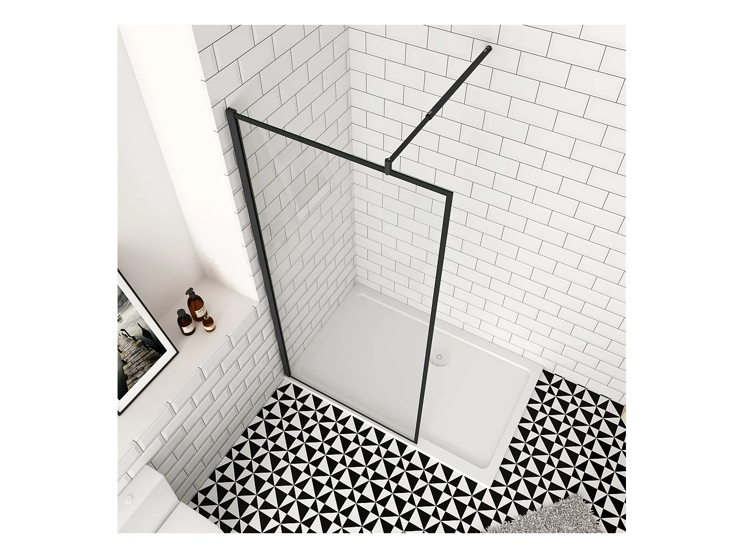 80x200cm inloopdouche-douchecabine,8mm mat zwart kader en raste gehard glas,easyclean,antikalk,stabilisatiestang 70-120cm (verstelbaar),mat zwart profiel