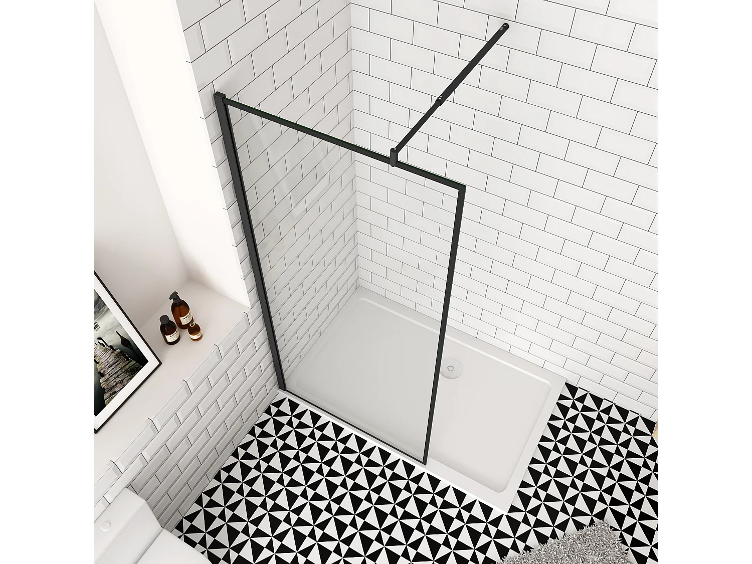 80x200cm inloopdouche-douchecabine,8mm mat zwart kader en raste gehard glas,easyclean,antikalk,stabilisatiestang 70-120cm (verstelbaar),mat zwart profiel