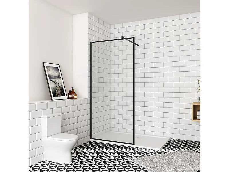 80x200cm inloopdouche-douchecabine,8mm mat zwart kader en raste gehard glas,easyclean,antikalk,stabilisatiestang 70-120cm (verstelbaar),mat zwart profiel