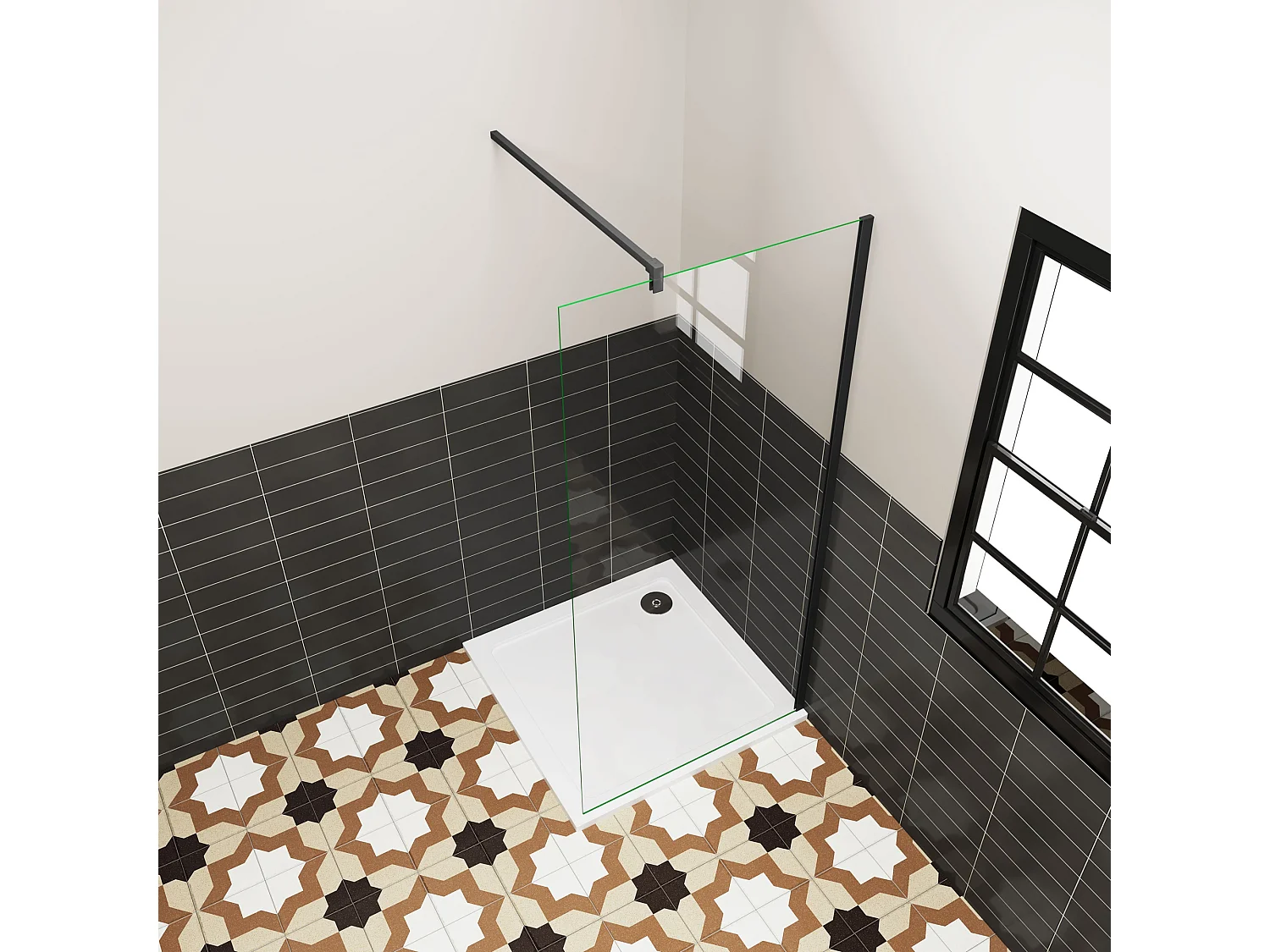 Douchewand Inloopdouche 72x185cm,6 mm helder EasyClean veiligheidsglas,mat zwart aluminium frame,stabilisatorstang 90cm