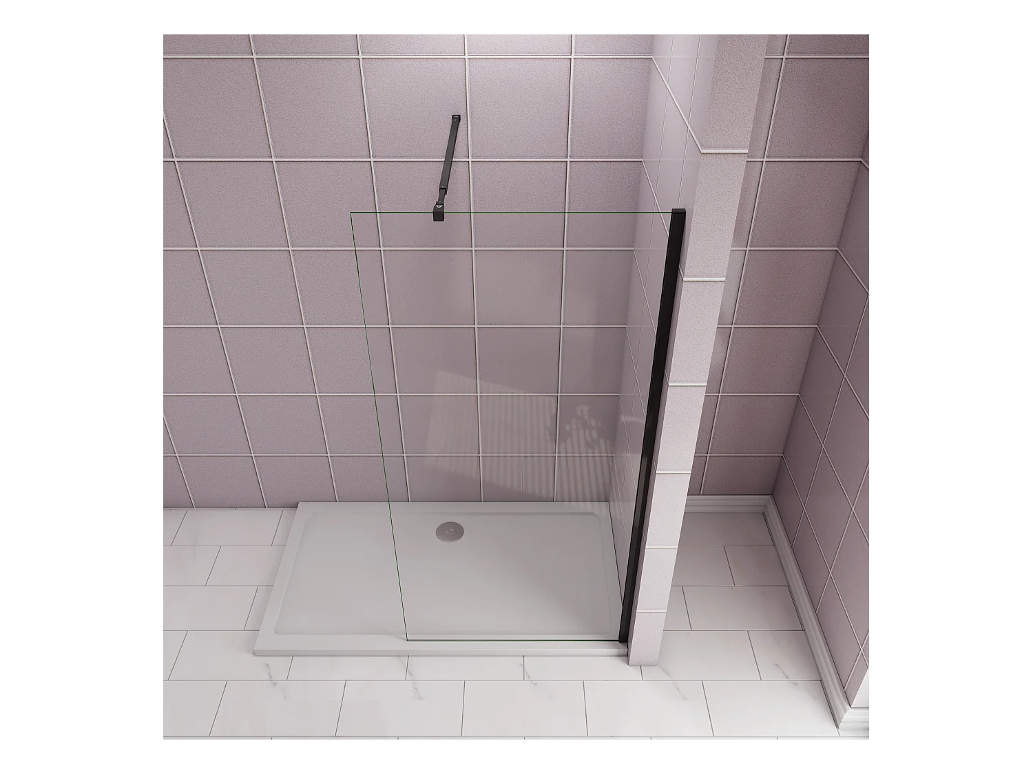 Inloopdouche-douchewand-walk in 8mm NANO EasyClean veiligheidsglas，85x200cm+73-120cm Stabilisatiestang,mat zwart aluminium profiel.