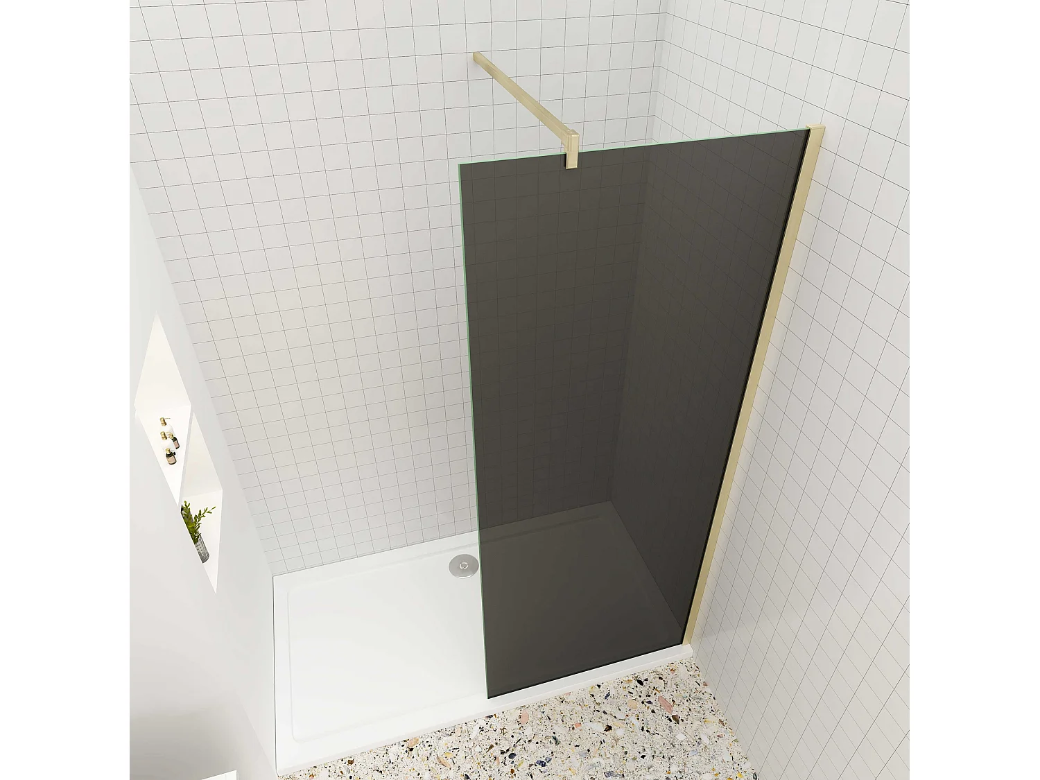 Inloopdouche 100x200cm met zwart folie,10mm NANO EasyClean veiligheidsglas,F-vorm: 140cm Stabilisatiestang,gouden profiel.