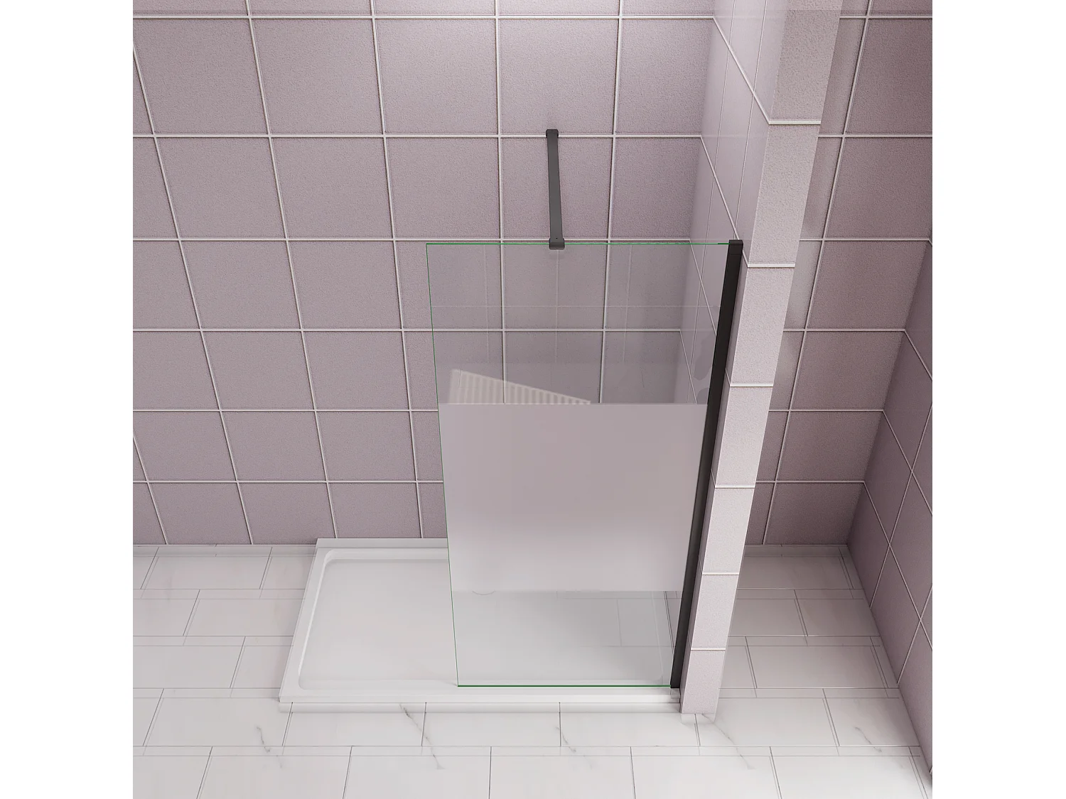 Inloopdouche-douchewand-walk in 90x200 cm,10mm midden wit gematteerd gehard glas met explosieveilige folie+N-vorm: 90 Stabilisatiestang,mat zwart aluminium profiel.