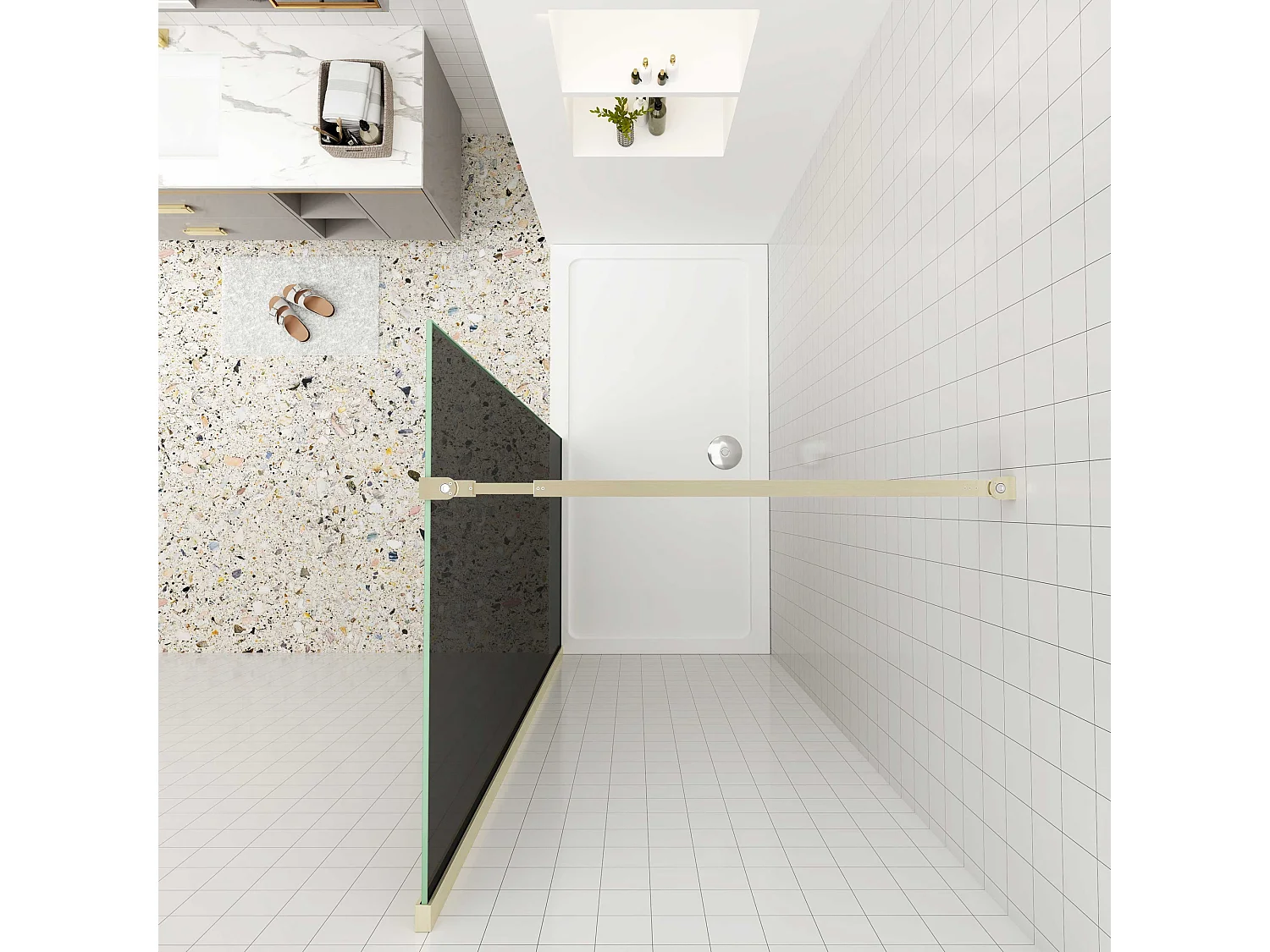 Inloopdouche goud beschermfolie,90x200cm hoog,8mm EasyClean veiligheidsglas,Stabilisatiestang 73-120cm,gouden profiel.