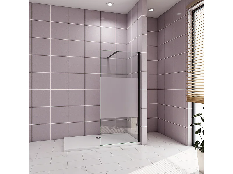 Inloopdouche-douchewand-walk in 110x200 cm,10mm midden wit gematteerd gehard glas met explosieveilige folie+N-vorm: 90 Stabilisatiestang,mat zwart aluminium profiel