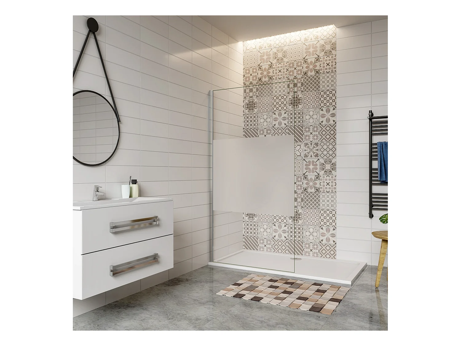 Inloopdouche-douchewand-walk in 90x200 cm,8mm midden wit gematteerd gehard glas met explosieveilige folie,glanzend chroom profiel