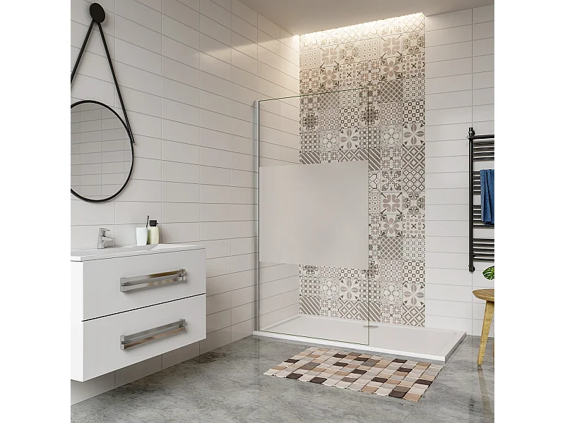 Inloopdouche-douchewand-walk in 90x200 cm,8mm midden wit gematteerd gehard glas met explosieveilige folie,glanzend chroom profiel