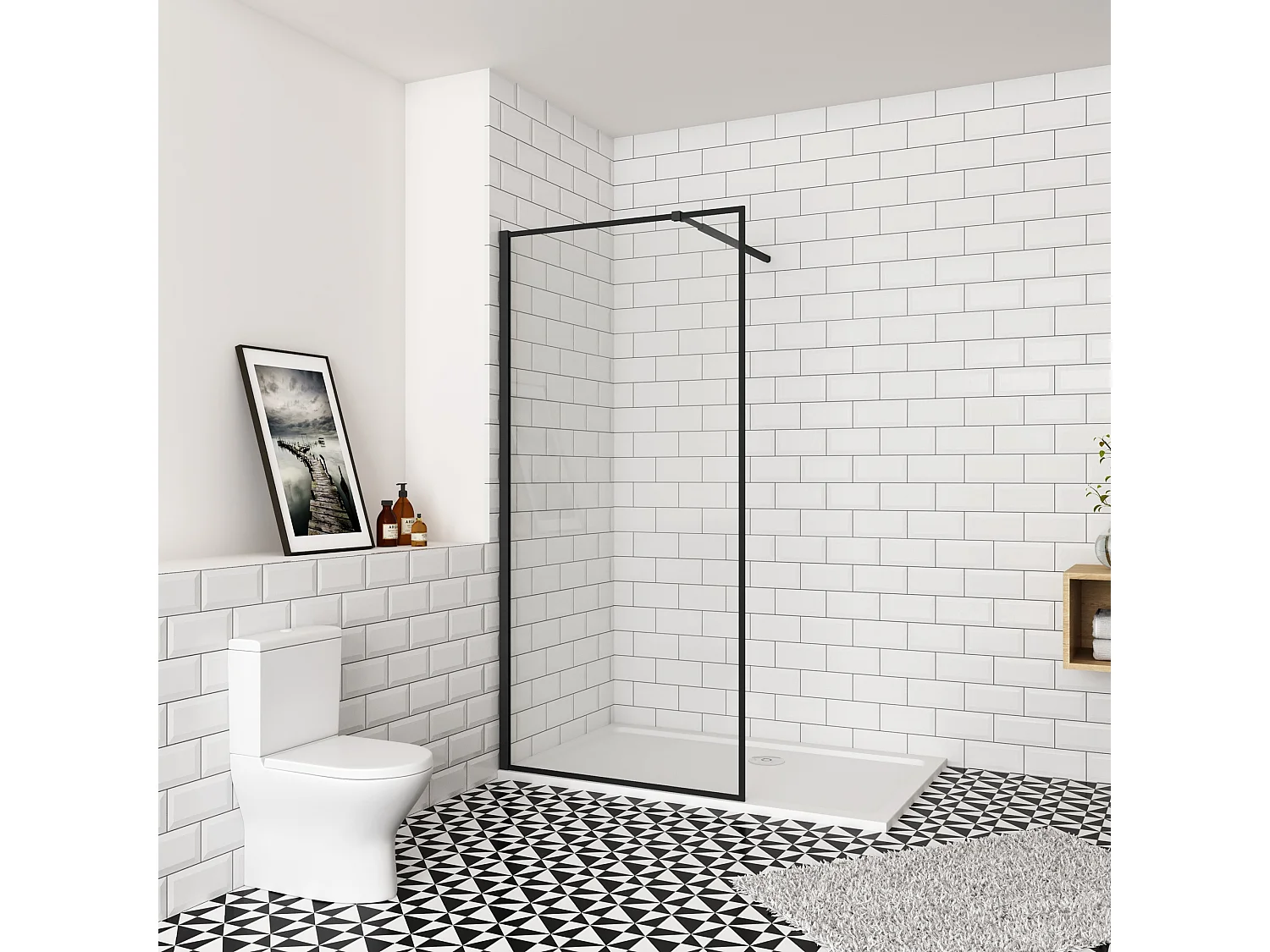 90x200cm inloopdouche-douchecabine,8mm mat zwart kader en raste gehard glas,easyclean,antikalk,stabilisatiestang 73-120cm (verstelbaar),mat zwart profiel