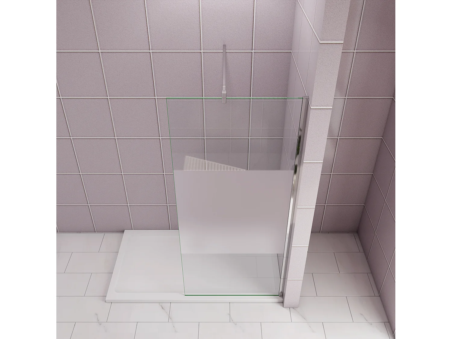 Inloopdouche-douchewand-walk in 100x200 cm,10mm midden wit gematteerd gehard glas met explosieveilige folie+F-vorm: 140 Stabilisatiestang,glanzend chroom profiel