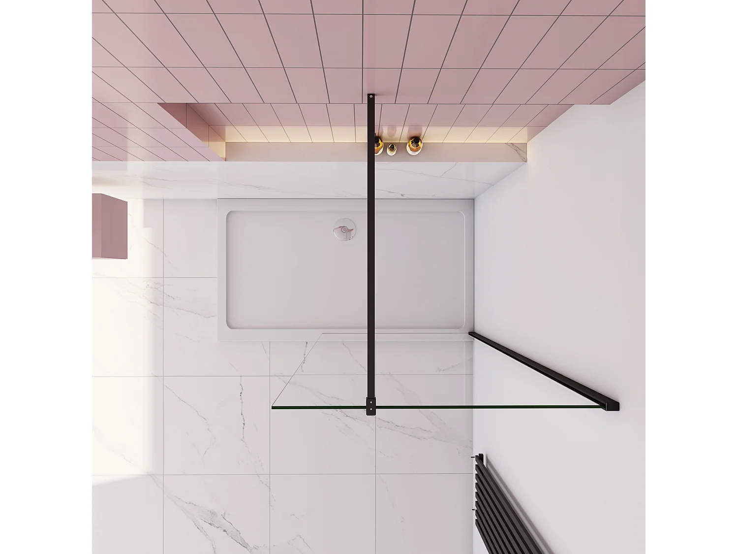 Inloopdouche-douchewand-walk in 8mm NANO EasyClean veiligheidsglas，50x200cm+F-vorm: 140 Stabilisatiestang,mat zwart aluminium profiel.