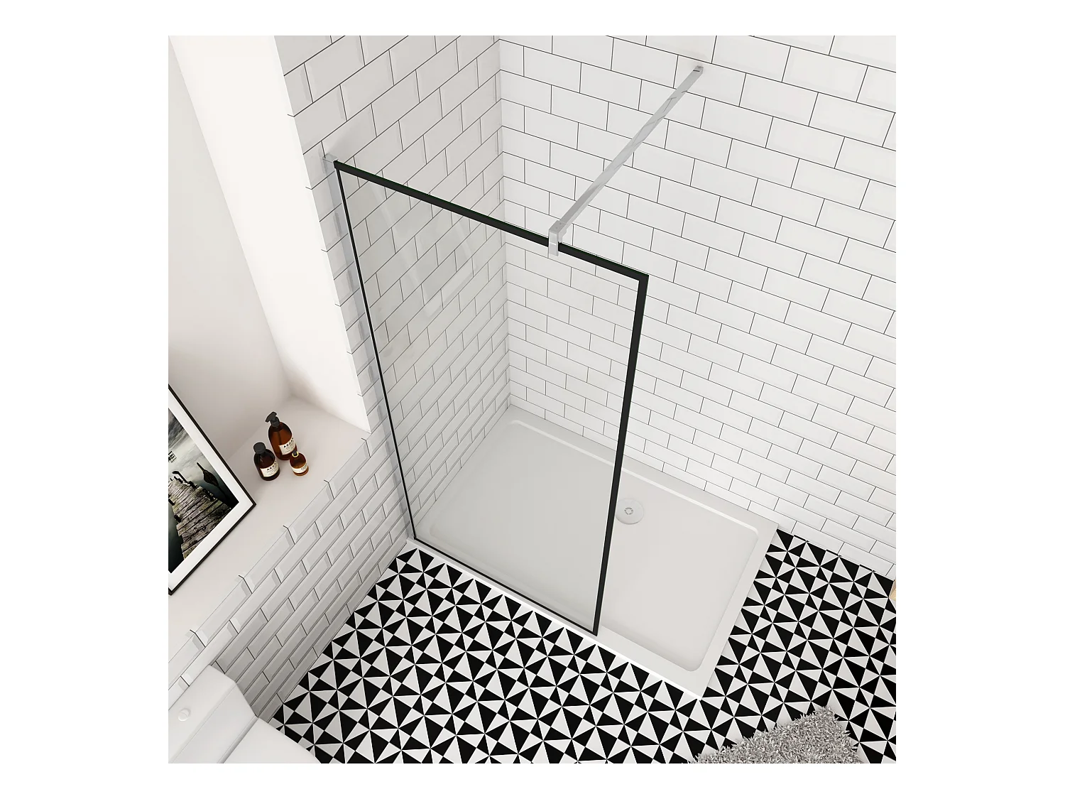 140x200cm inloopdouche-douchecabine,8mm mat zwart kader en raste gehard glas,easyclean,antikalk,stabilisatiestang 90cm(snijdbaar),glanzend chroom profiel