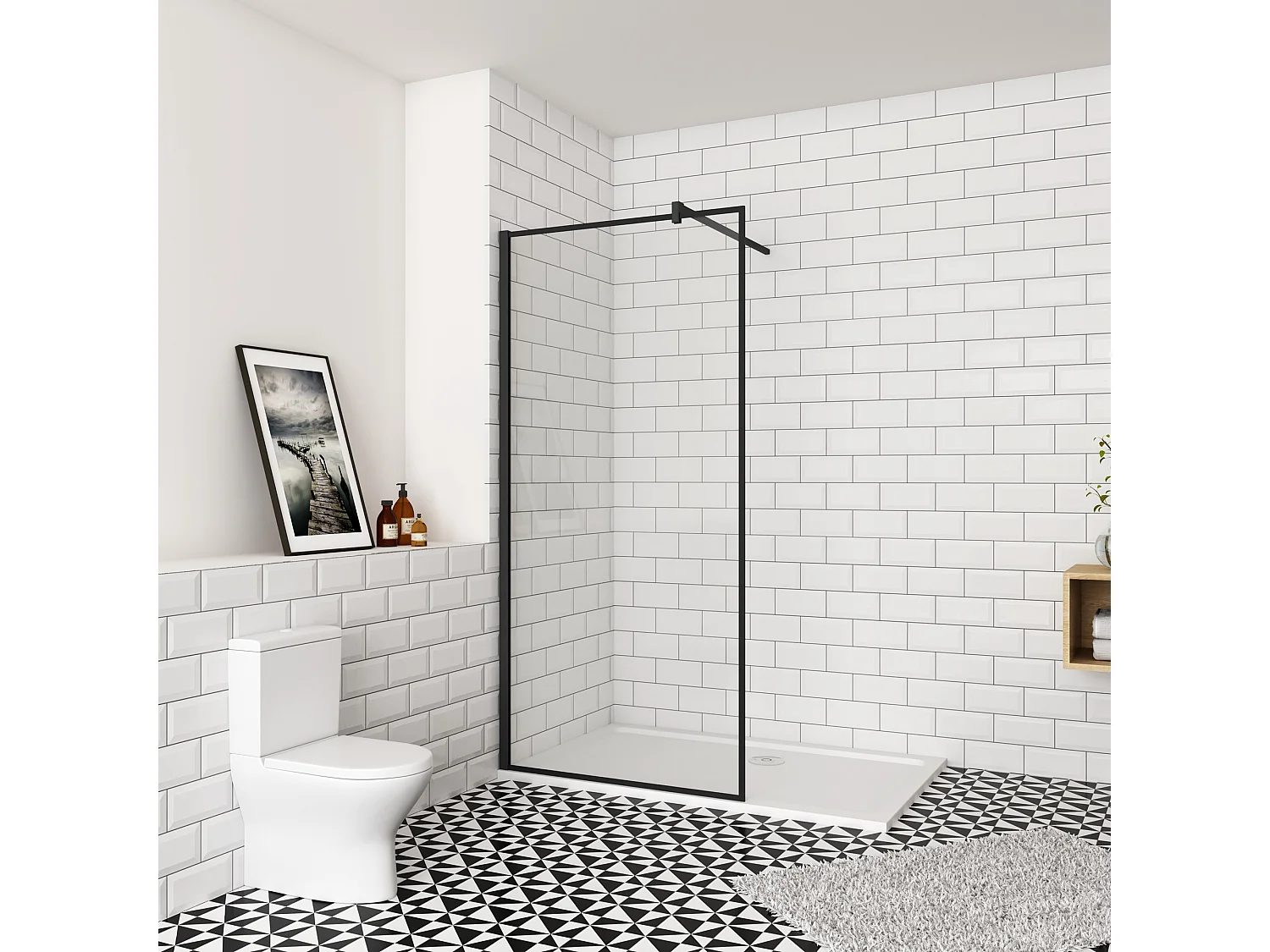 90x200cm inloopdouche-douchecabine,8 mm mat zwart kader en raste gehard glas,eenvoudig te reinigen,antikalk,stabilisatiestang 90cm (snijdbaar),mat zwart profiel