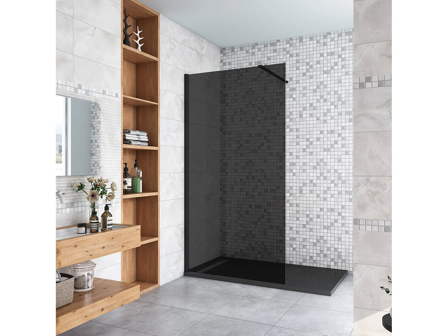 Inloopdouche met zwarte beschermfolie,120x200cm hoog,8mm EasyClean veiligheidsglas,Stabilisatiestang Norm:140cm,mat zwart aluminium profiel.