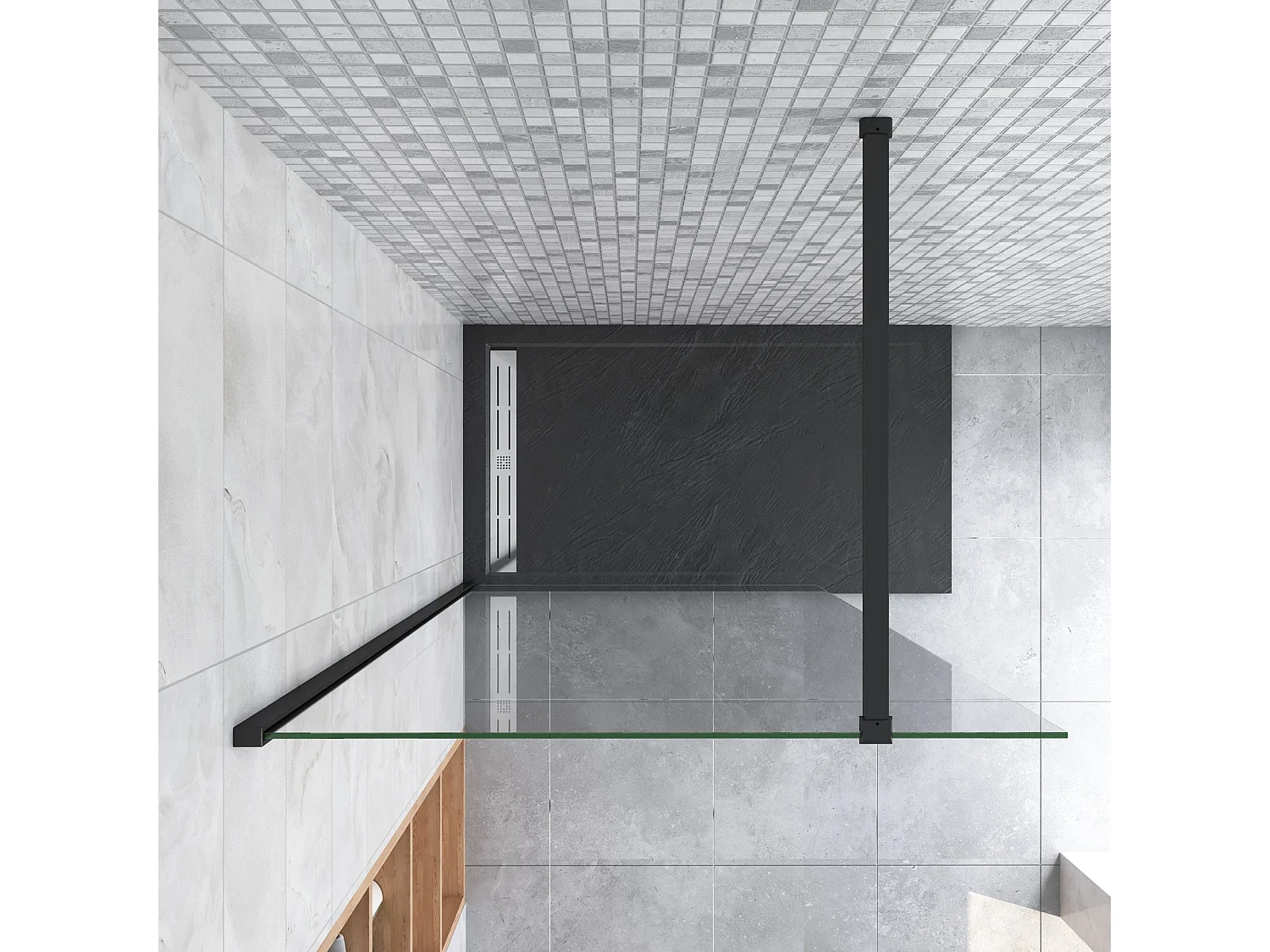 Inloopdouche met zwarte beschermfolie,100x200cm hoog,8mm EasyClean veiligheidsglas,Stabilisatiestang Norm:140cm,mat zwart aluminium profiel.