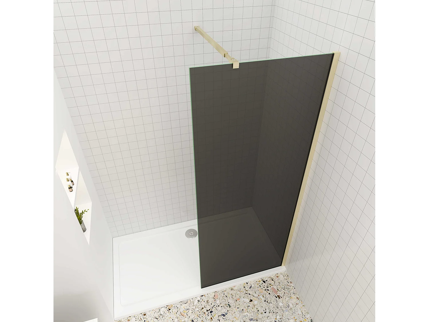 Inloopdouche goud beschermfolie,110x200cm hoog,8mm EasyClean veiligheidsglas,Stabilisatiestang 73-120cm,gouden profiel.