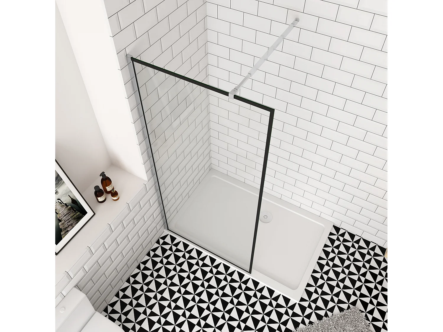 120x200cm inloopdouche-douchecabine,8mm mat zwart kader en raste gehard glas,Easyclean,antikalk,stabilisatiestang 73-120cm(verstelbaar),glanzend chroom profiel