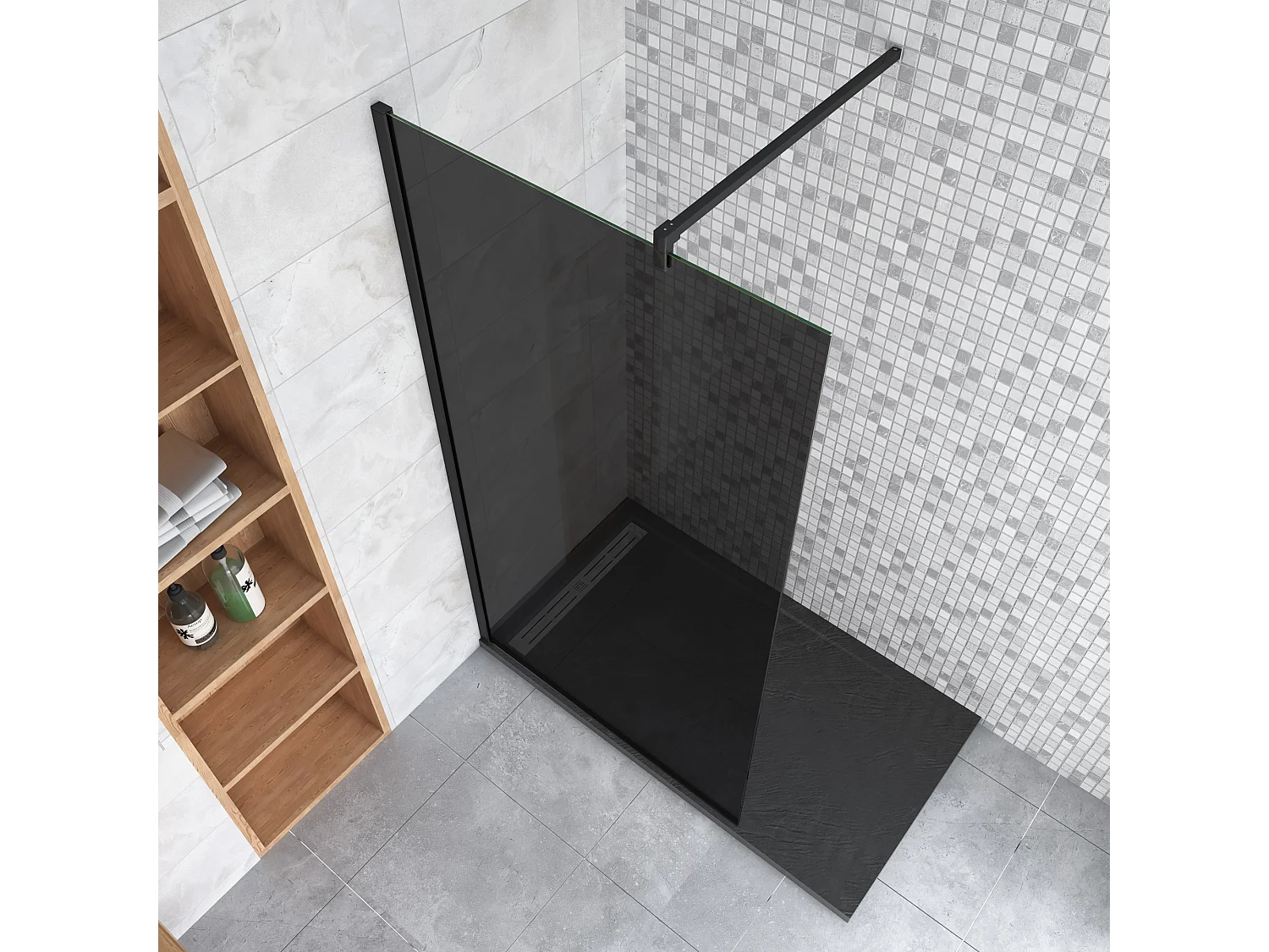 Inloopdouche met zwarte beschermfolie,140x200cm hoog,8mm EasyClean veiligheidsglas,Stabilisatiestang Form:90cm,mat zwart aluminium profiel.